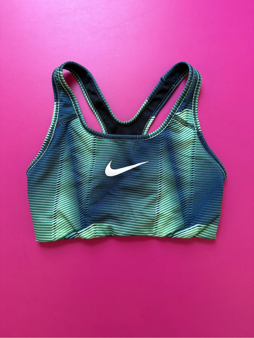 NIKE DriFit Sports Bra Racerback Blue Green Line Print Swoosh Size Small Dri Fit